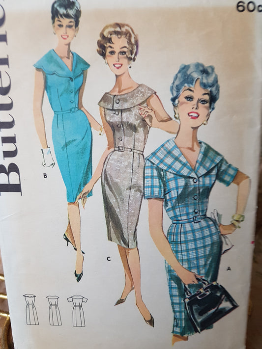 Early 60s STYLISH Slim Dress Pattern BUTTERICK 9765 Flattering Design Choice of 3 Collar Styles, Bust 35 Vintage Sewing Pattern