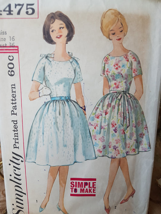 1960s PRETTY Vintage Party Dress Pattern SIMPLICITY 4475 Two Lovely Neckline Styles Full Skirt Dress, Bust 36 SIMPLE To Make Vintage Sewing Pattern