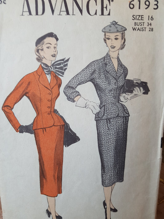 1950s STUNNING Slim Skirt Suit Pattern ADVANCE 6193 Beautiful Fitted Jacket Bust 34 Vintage Sewing Pattern