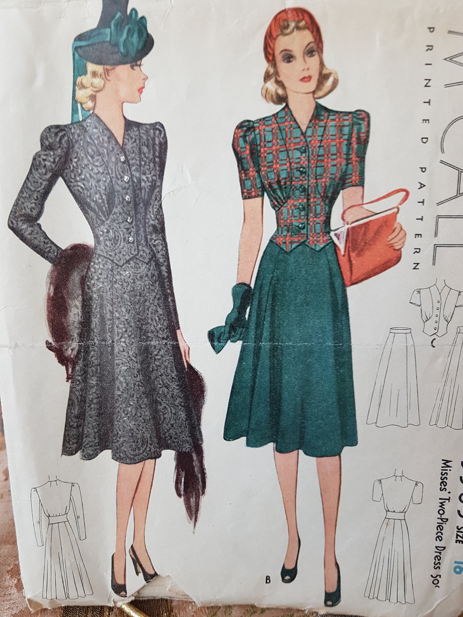 Late 1930s FABULOUS 2 Pc Dress Pattern McCALL 3365 Beautiful Blouse Top and Flared Skirt, Bust 34 Vintage Sewing Pattern