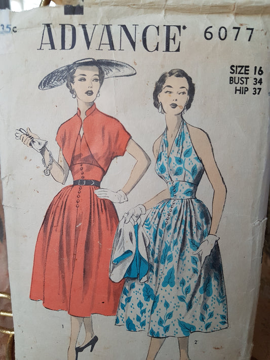 1950s BOMBSHELL Midriff Dress Pattern ADVANCE 6077  Perfect Evening Party or Sundress and Bolero Jacket, Very Marilyn Monroe Style Bust 34 Vintage Sewing Pattern