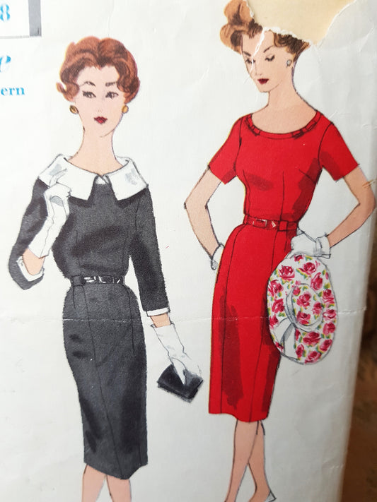 Late 1950s CLASSY Slim Dress Pattern VOGUE Special Design 4046 Oval Neckline With Optional Collar Version, Bust 36 Vintage Sewing Pattern