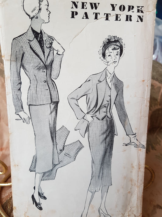 Late 1940s FABULOUS 3 Pc Suit Pattern NEW YORK 2, Slim Skirt Fitted Longer Jacket and Vest, Very Chic Style, Bust 34 Vintage Sewing Pattern
