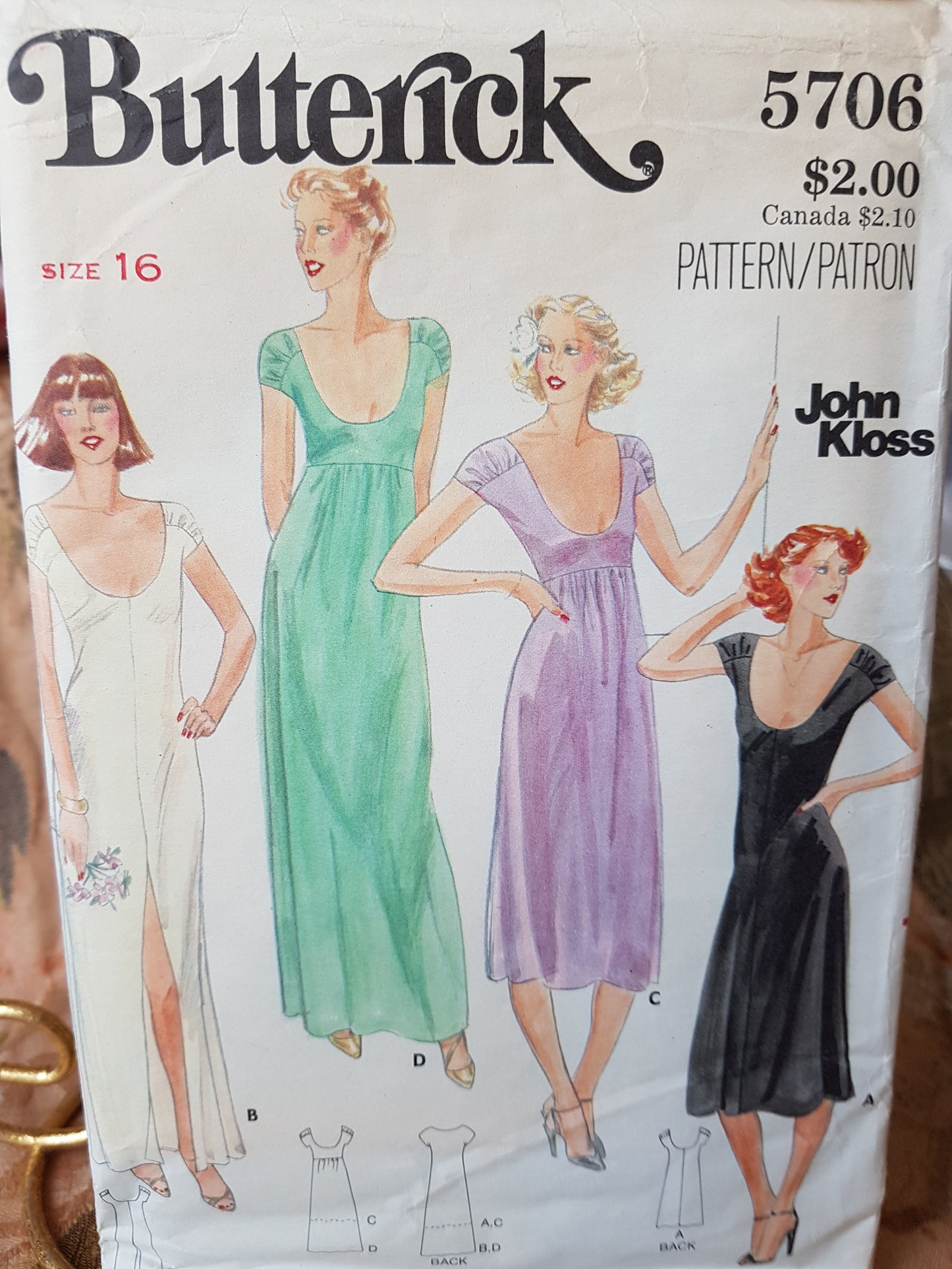 1970s FABULOUS John Kloss Evening Gown or Cocktail Dress Pattern BUTTERICK 5706 Low Cut Beautiful Styles, Bust 38 Vintage Sewing Pattern
