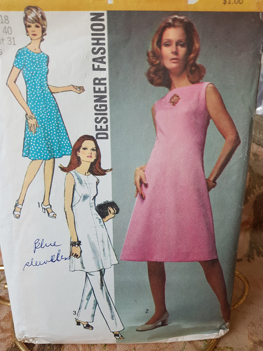 1970s RETRO Dress or Tunic and Pants Pattern SIMPLICITY 9346 Designer Fashion, Day or Evening, Bust 40 Vintage Sewing Pattern