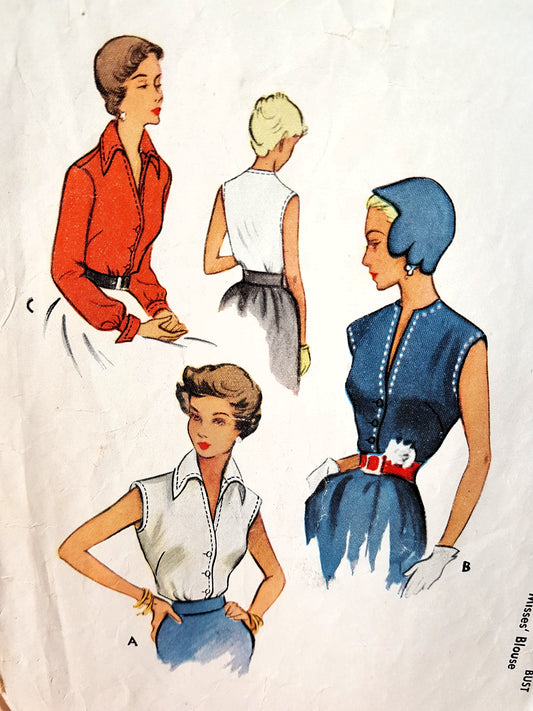 1950s FABULOUS Blouse Pattern McCALL 8053 Striking Wing Collar or Collarless Style, Slit Neckline Bust34 Vintage Sewing Pattern