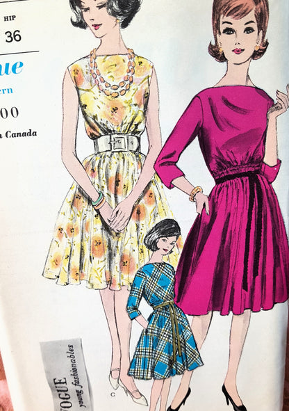 EARLY 1960s Dress Pattern VOGUE 5682 Full Skirt Bateau Neckline, Day or Cocktail Party Dress, Bust 34 Vintage Sewing Pattern FF