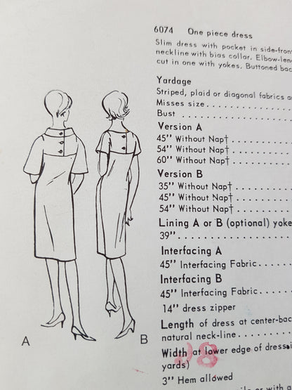 CLASSY Early 1960s Slim Dress Pattern VOGUE 6074 Beautiful Design, Bust 34 Vintage Sewing Pattern FF