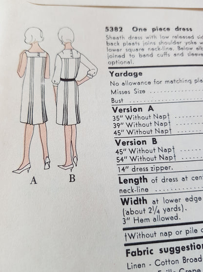 Early 1960s LOVELY Sheath Dress Pattern VOGUE 5382 Two Neckline Styles, Bust 34 Vintage Sewing Pattern FF