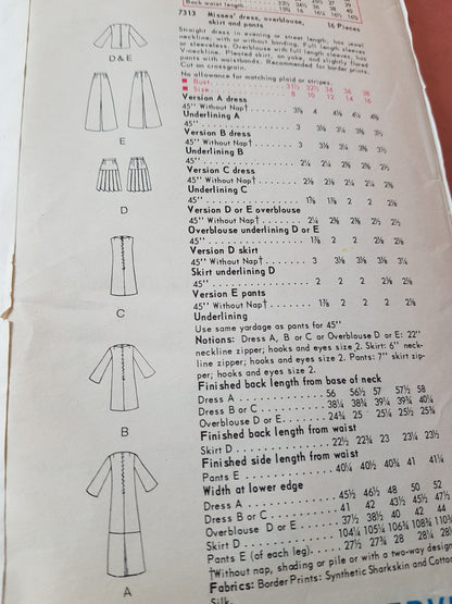 1960s Fabulous MOD Dress Day or Evening Length,Overblouse, Skirt and Pants Pattern VOGUE 7313 Wonderful Styles, Bust 34 Vintage Sewing Pattern