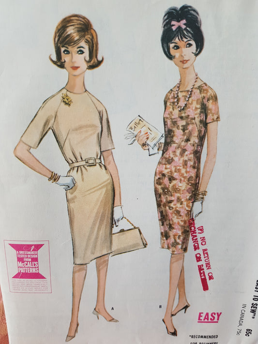 1960s CLASSIC Raglan Sleeved Sheath Dress Pattern McCALLs 6805 Easy To Sew ,2 Versions, Bust 32 Vintage Sewing Pattern