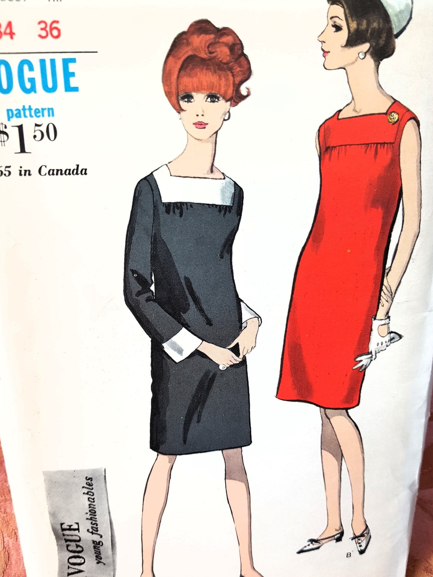 1960s MOD Dress Pattern VOGUE 6897 YSL Style Slim Shift, Bell Shape Sleeves, Bust 34, Vintage Sewing Pattern FF