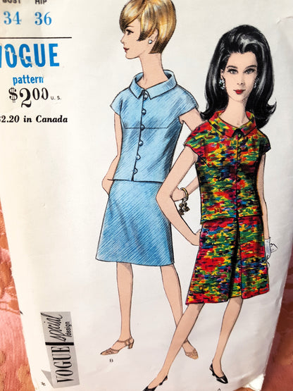1960s STYLISH Suit or 2 Pc Dress Pattern VOGUE Special Design 7022 Two Versions, Bust 34 Vintage Sewing Pattern