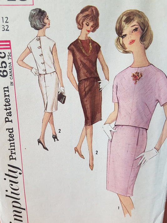 1960s EASY ELEGANCE 2 Pc Slim Dress Pattern SIMPLICITY 4849 Button Back Top, Day to After 5 , Bust 32 Vintage Sewing Pattern