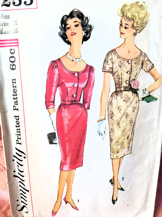 1960s ELEGANT Slim Day or Party Dress Pattern SIMPLICITY 3255 Flattering Design, Bust 36 Vintage Sewing Pattern