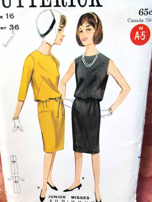 1960s STYLISH Dress Pattern BUTTERICK 3251 Softly Bloused Slim Dress Bust 36 Vintage Sewing Pattern FF
