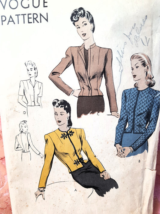 1940s FILM NOIR Style Fitted Jackets Pattern VOGUE 9755 Three Beautiful Styles Day or Evening Bust 32 Easy To Make Vintage Sewing Pattern