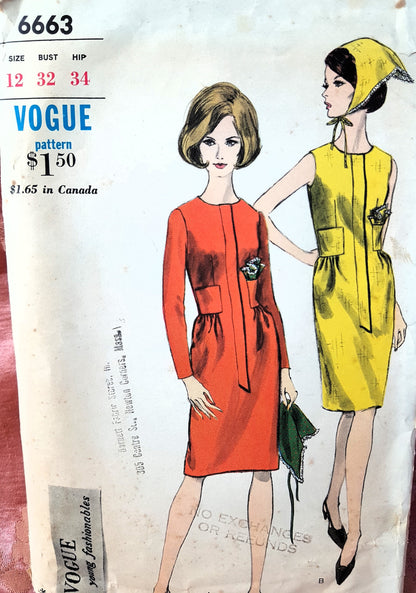 1960s FABULOUS Dress, Scarf and Hanky Pattern VOGUE Young Fashionables 6663 Slim Step In Dress, Bust 32 Vintage Sewing Pattern