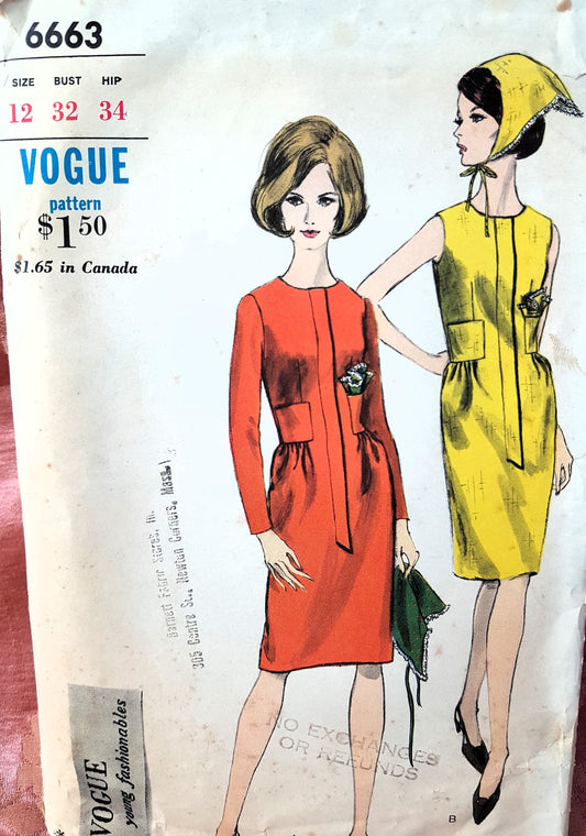 1960s FABULOUS Dress, Scarf and Hanky Pattern VOGUE Young Fashionables 6663 Slim Step In Dress, Bust 32 Vintage Sewing Pattern