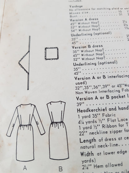 1960s FABULOUS Dress, Scarf and Hanky Pattern VOGUE Young Fashionables 6663 Slim Step In Dress, Bust 32 Vintage Sewing Pattern