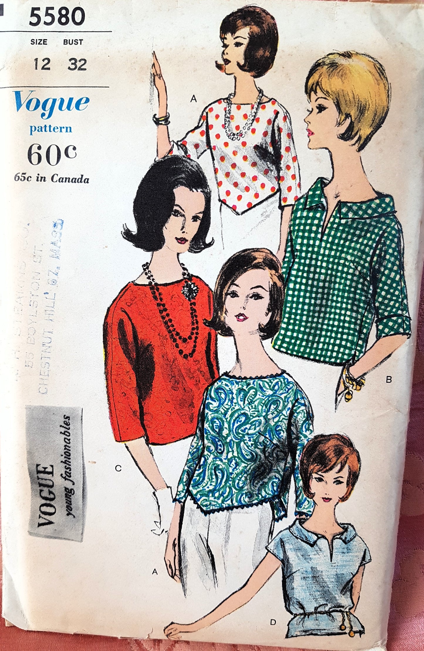1960s CUTE Set of Blouses Pattern VOGUE 5580 Four Overblouse Styles,Bust 32 Vintage Sewing Pattern FF