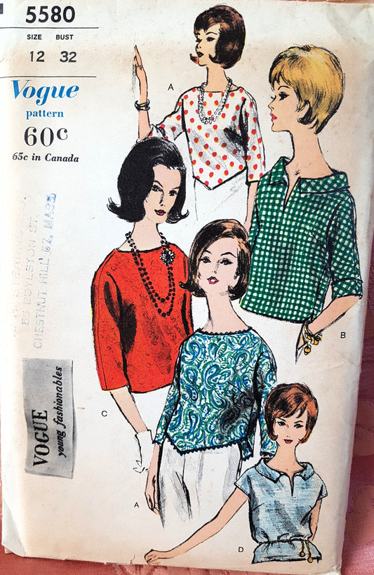 1960s CUTE Set of Blouses Pattern VOGUE 5580 Four Overblouse Styles,Bust 32 Vintage Sewing Pattern FF