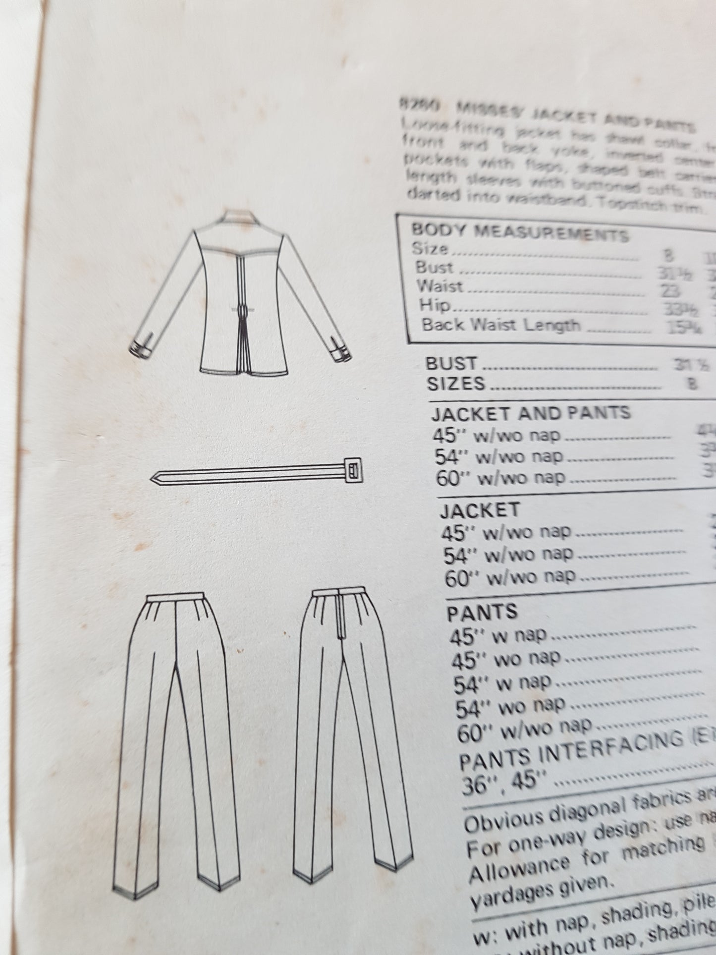 1970s FABULOUS Jacket and Pants Pattern VOGUE 8260  Belted Jacket and Straight Leg Pants Bust 34 Vintage Sewing Pattern FF