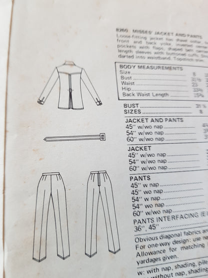 1970s FABULOUS Jacket and Pants Pattern VOGUE 8260  Belted Jacket and Straight Leg Pants Bust 34 Vintage Sewing Pattern FF