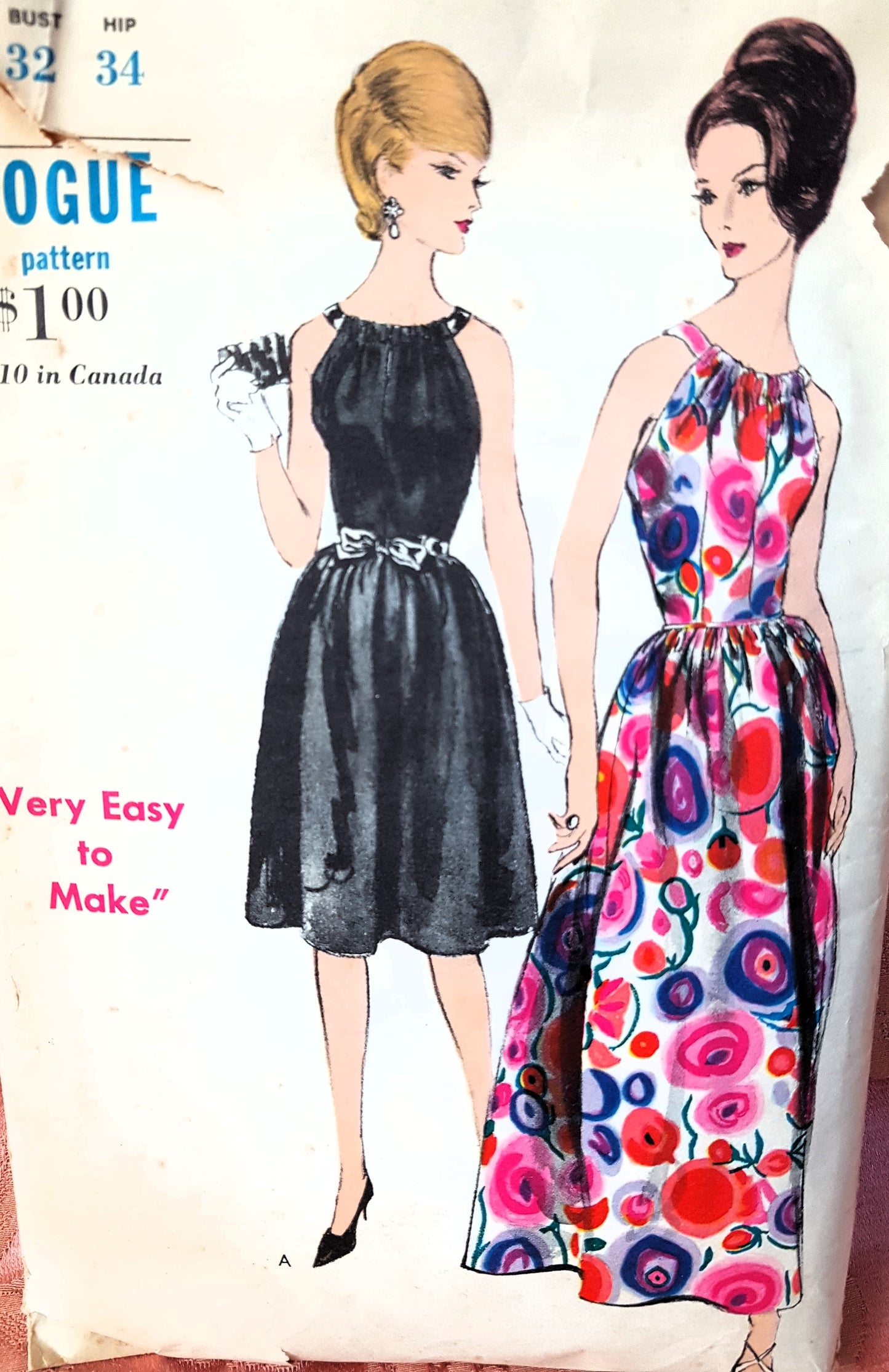 1960s LOVELY Cocktail Evening Dress Pattern VOGUE 5873 Very Easy To Make, 2 Lengths Party Dress Bust 32 Vintage Sewing Pattern