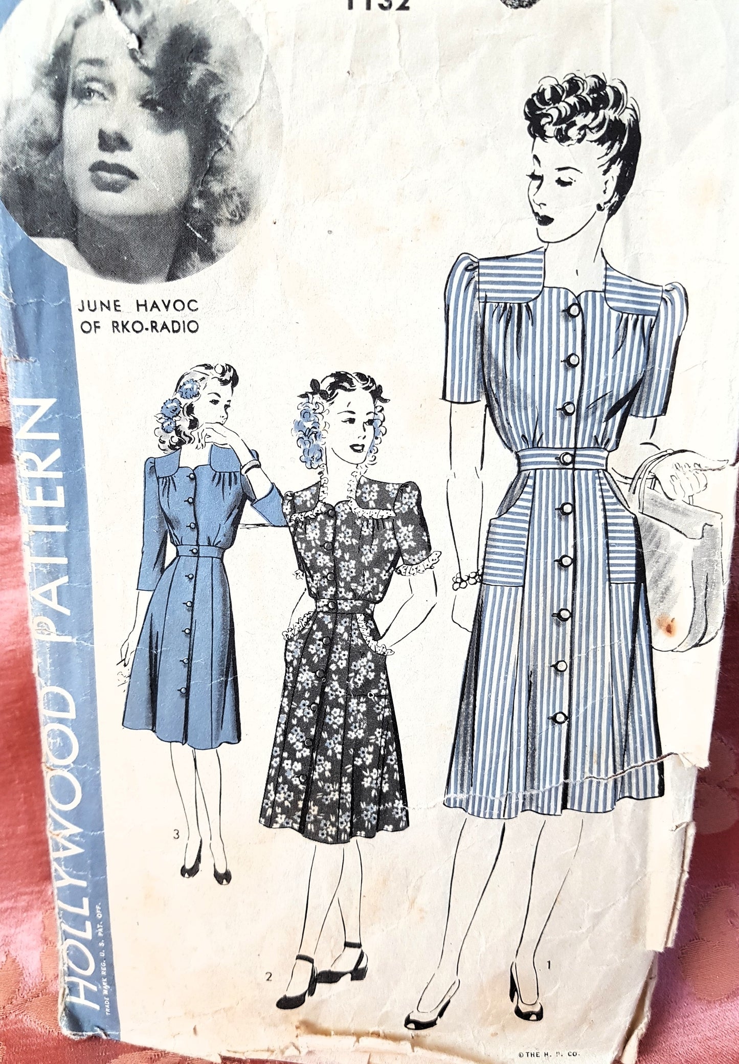 1940s CUTE Front Button Dress Pattern HOLLYWOOD 1132 Featuring RKO Starlet June Havoc Three Style Versions Bust 34 Vintage Sewing Pattern