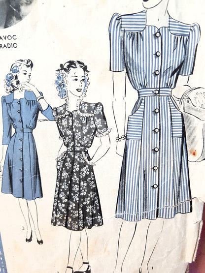 1940s CUTE Front Button Dress Pattern HOLLYWOOD 1132 Featuring RKO Starlet June Havoc Three Style Versions Bust 34 Vintage Sewing Pattern