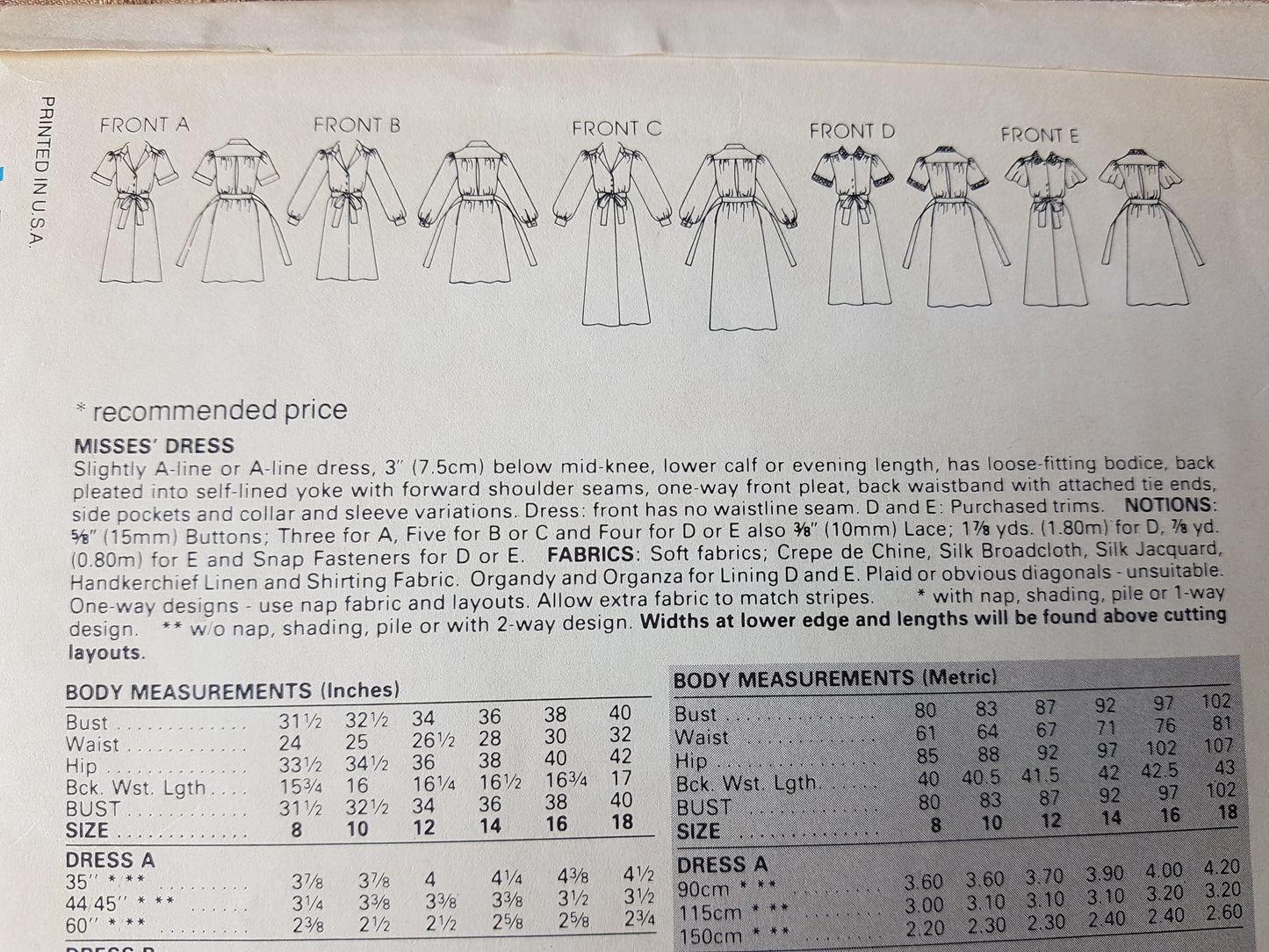 1980s CLASSY Shirt Waist Dress Pattern Vogue's Basic Design 1156 Five Fabulous Versions Sizes 8-10-12 Vintage Sewing Pattern