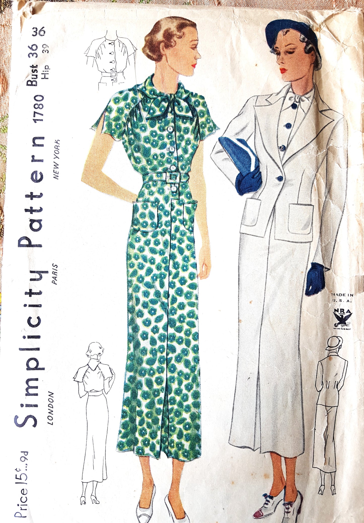1930s FABULOUS Dress and Fitted Jacket Pattern SIMPLICITY 1780 Beautiful Design Bust 36 Vintage NRA Sewing Pattern