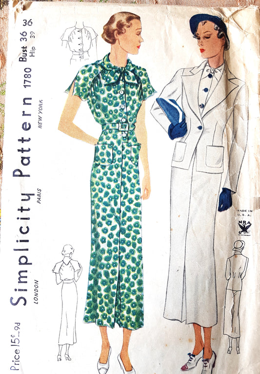 1930s FABULOUS Dress and Fitted Jacket Pattern SIMPLICITY 1780 Beautiful Design Bust 36 Vintage NRA Sewing Pattern