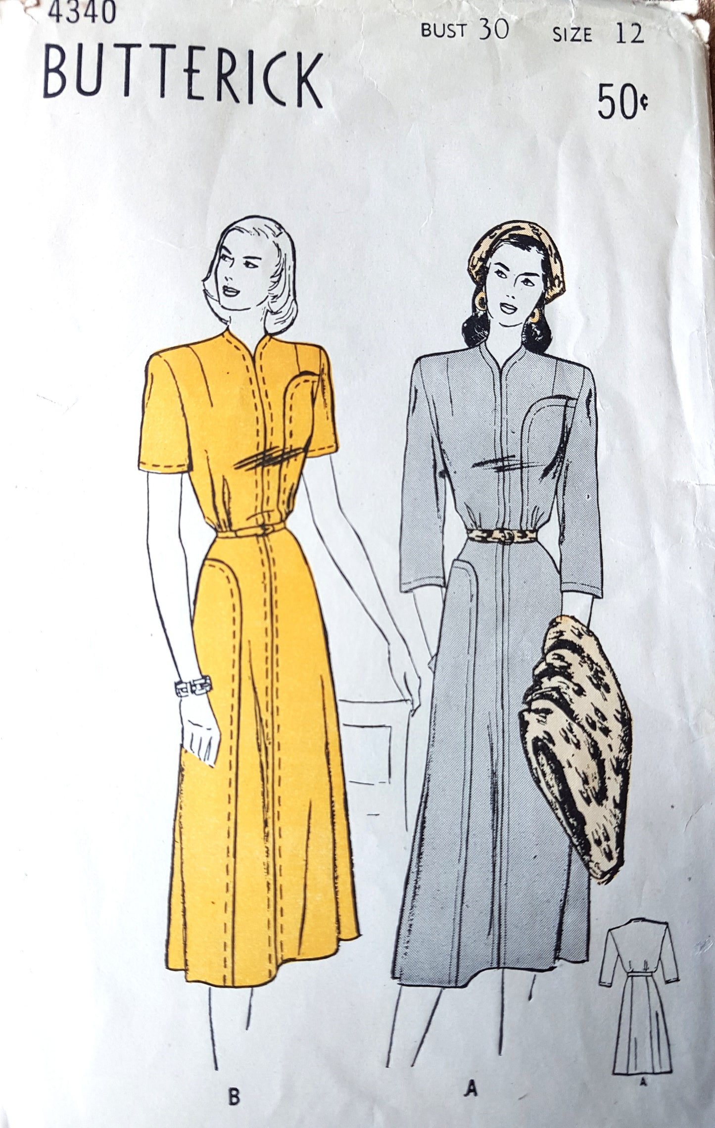 1940s ELEGANT Dress Pattern BUTTERICK 4340 Lovely Seam Interest, Bust 30 Vintage Sewing Pattern