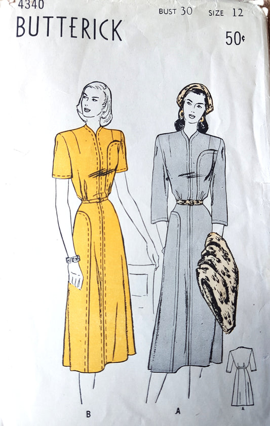 1940s ELEGANT Dress Pattern BUTTERICK 4340 Lovely Seam Interest, Bust 30 Vintage Sewing Pattern