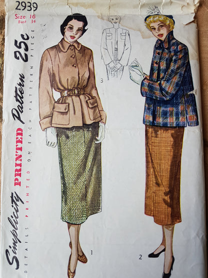 Late 1940s CHIC Slim Skirt Suit Pattern SIMPLICITY 2939 Great Jacket Styles, Bust 34 Vintage Sewing Pattern