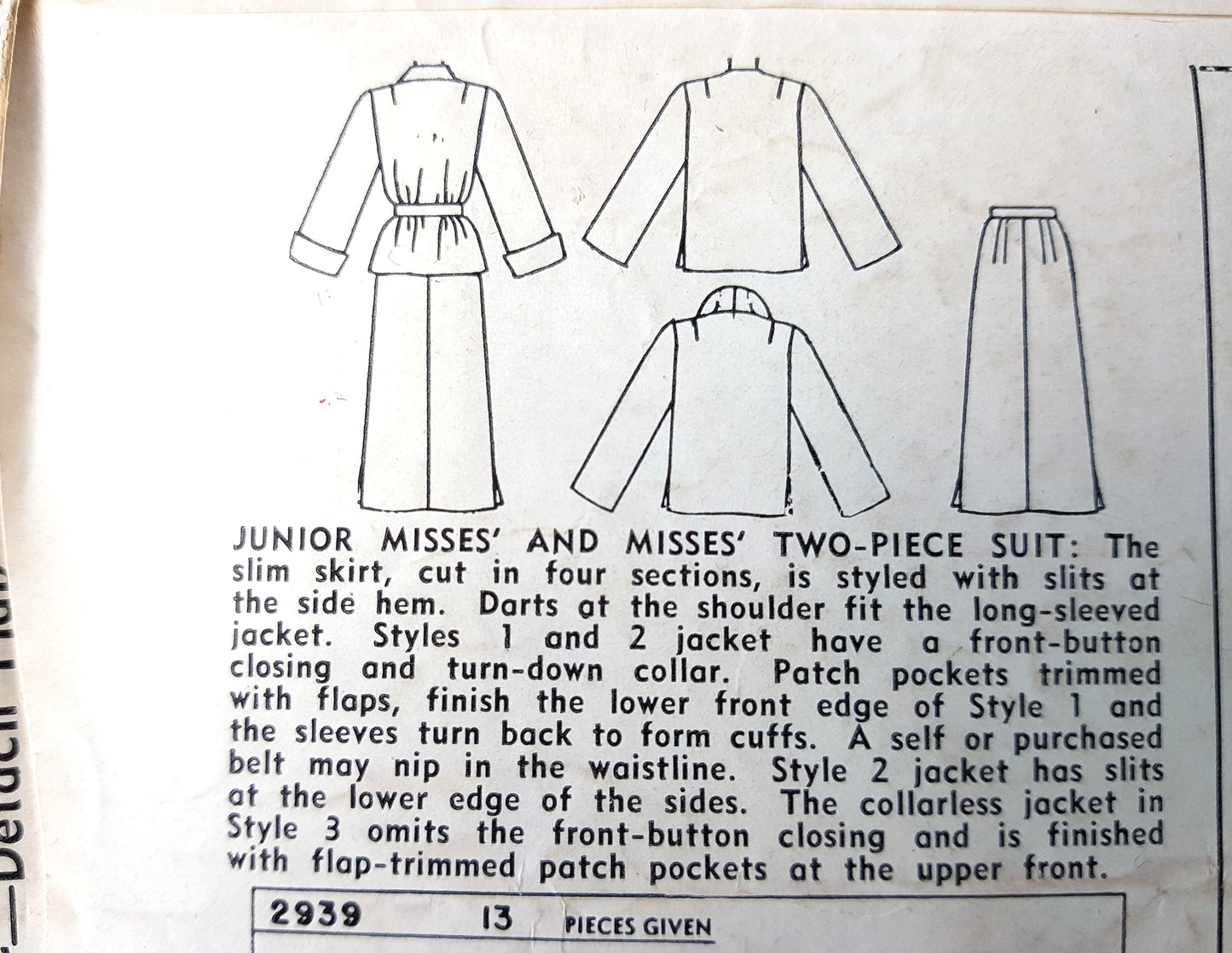 Late 1940s CHIC Slim Skirt Suit Pattern SIMPLICITY 2939 Great Jacket Styles, Bust 34 Vintage Sewing Pattern