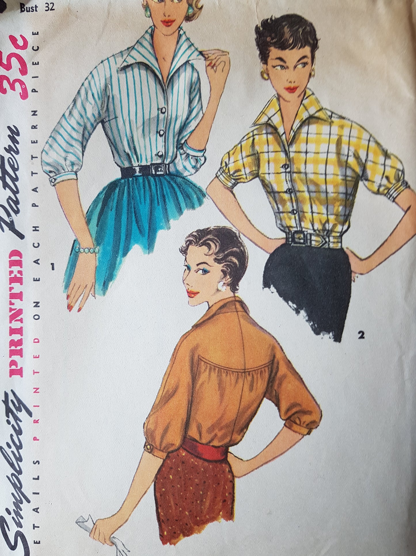 1950s ROCKABILLY Blouse Pattern SIMPLICITY 1226 Great Wing Collar, Bust 32 Vintage Sewing Pattern