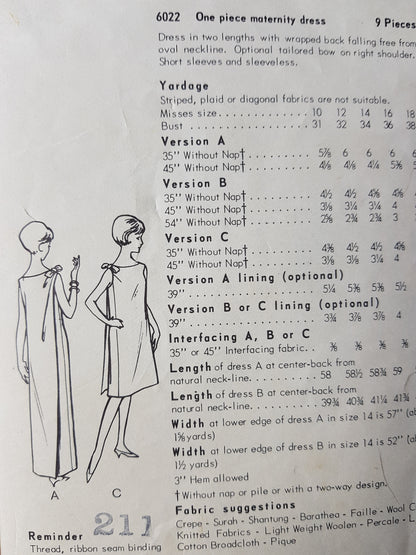 1960s ELEGANT Maternity Evening Dress Pattern VOGUE 6022 Bust 31 Vintage Sewing Pattern