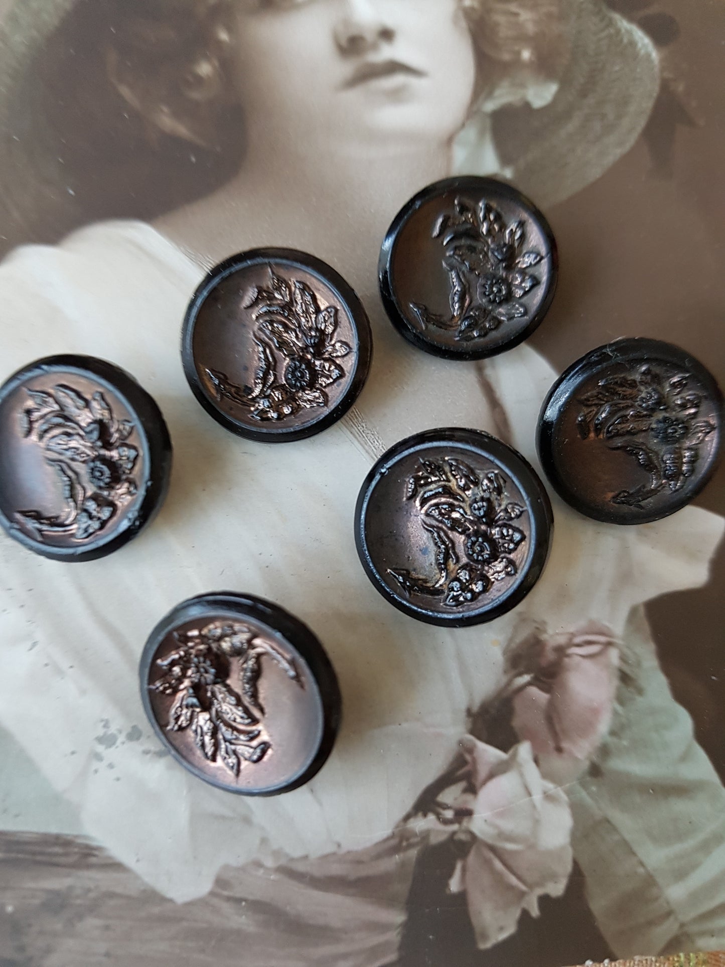 ANTIQUE French Jet Glass Victorian Button Set,For Dolls, Clothing, Heirloom Sewing, Collectible Vintage Buttons