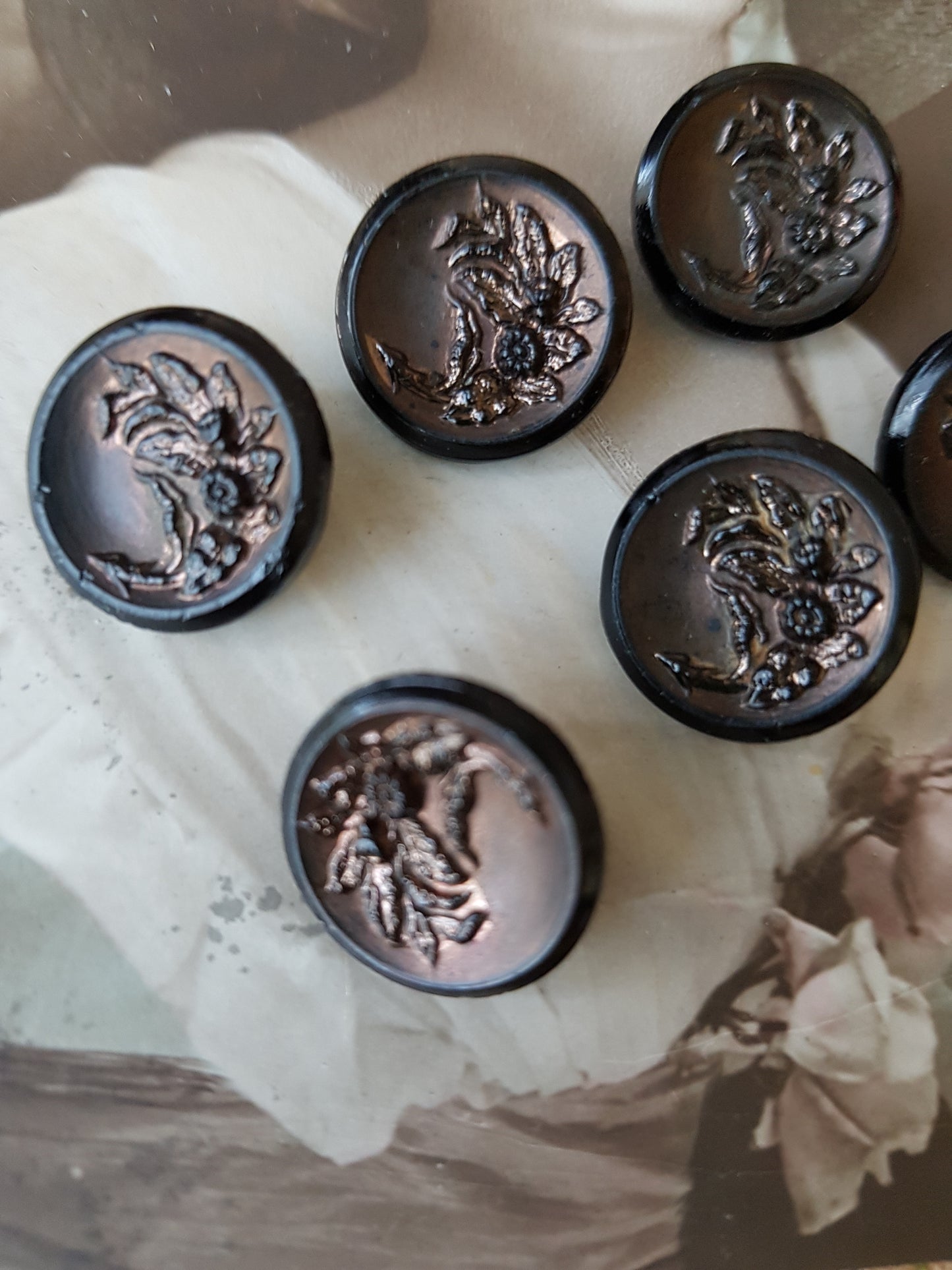 ANTIQUE French Jet Glass Victorian Button Set,For Dolls, Clothing, Heirloom Sewing, Collectible Vintage Buttons