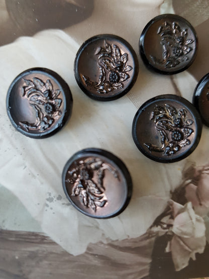 ANTIQUE French Jet Glass Victorian Button Set,For Dolls, Clothing, Heirloom Sewing, Collectible Vintage Buttons