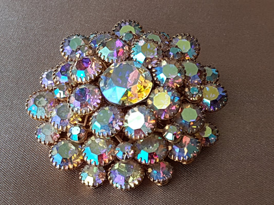Sparkling AB Faceted Glass Large Layered Brooch, Stunning Rainbow Colors, Mid Century Pin, Collectible Vintage Jewelry