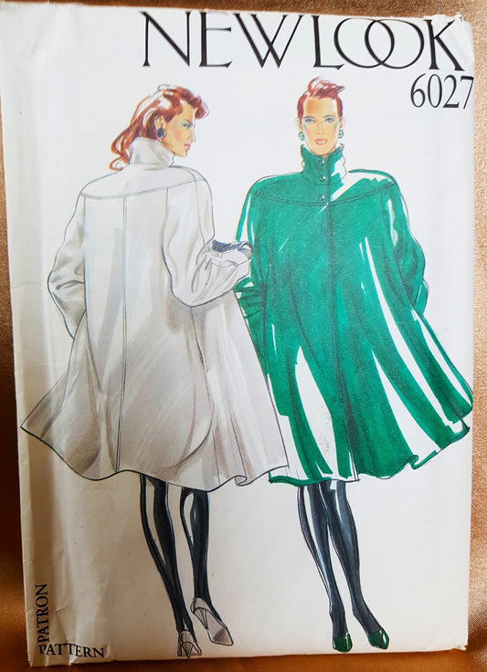 1980s FABULOUS Flared Swing Coat for Day or Evening Pattern NEW LOOK 6027 Stunning Design in 6 Sizes, Never Cut, Vintage Sewing Pattern FF