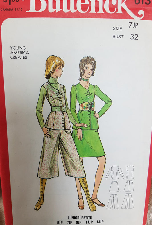 1970s FABULOUS 2 Pc Dress With Skirt or Gaucho Culotte Pants Pattern BUTTERICK 6131 Bust 32 Vintage Sewing Pattern FF