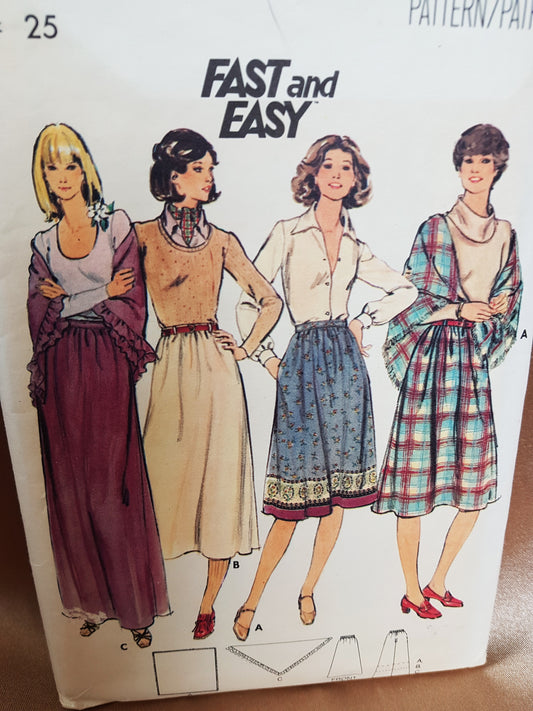 1970s WONDERFUL Dirndl Skirt and Shawls Pattern BUTTERICK 5130 Flattering Skirt Comes in 3 Lengths, 2 Shawl Styles, Waist 25 Vintage Sewing Pattern