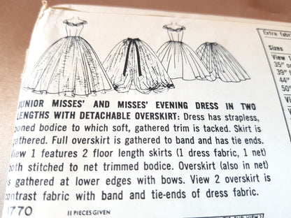 1950s DREAMY Evening Dress Gown In 2 Lengths Pattern SIMPLICITY 1770 Beautiful Dress with Overskirt, Bust 32 Vintage Sewing Pattern Factory Folded
