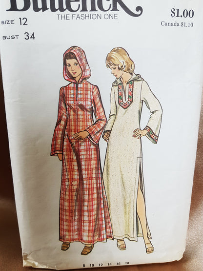 1970s MAXI Length Caftan Dress Lounging Robe Pattern BUTTERICK 3079 Loose Fitting Ankle Length Caftan With Hood, Bust 34 Vintage Sewing Pattern