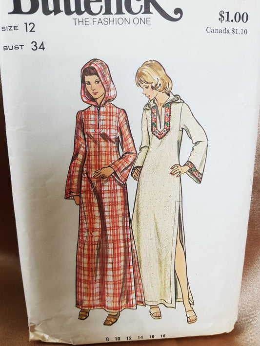 1970s MAXI Length Caftan Dress Lounging Robe Pattern BUTTERICK 3079 Loose Fitting Ankle Length Caftan With Hood, Bust 34 Vintage Sewing Pattern